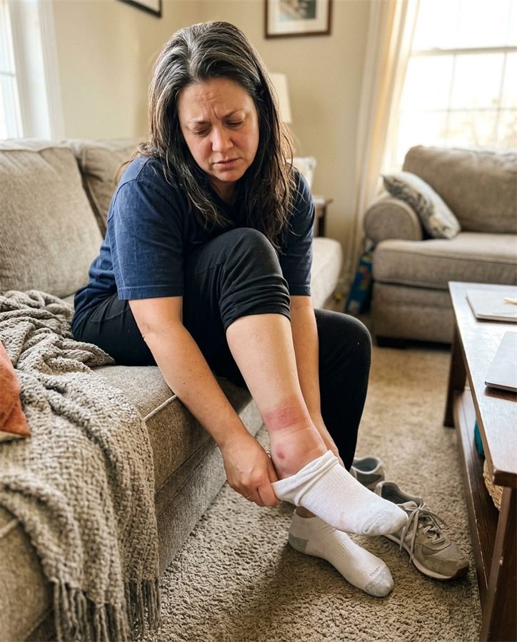 Nora peeling off a sock at the end of the day, with the ring pressed into her ankle